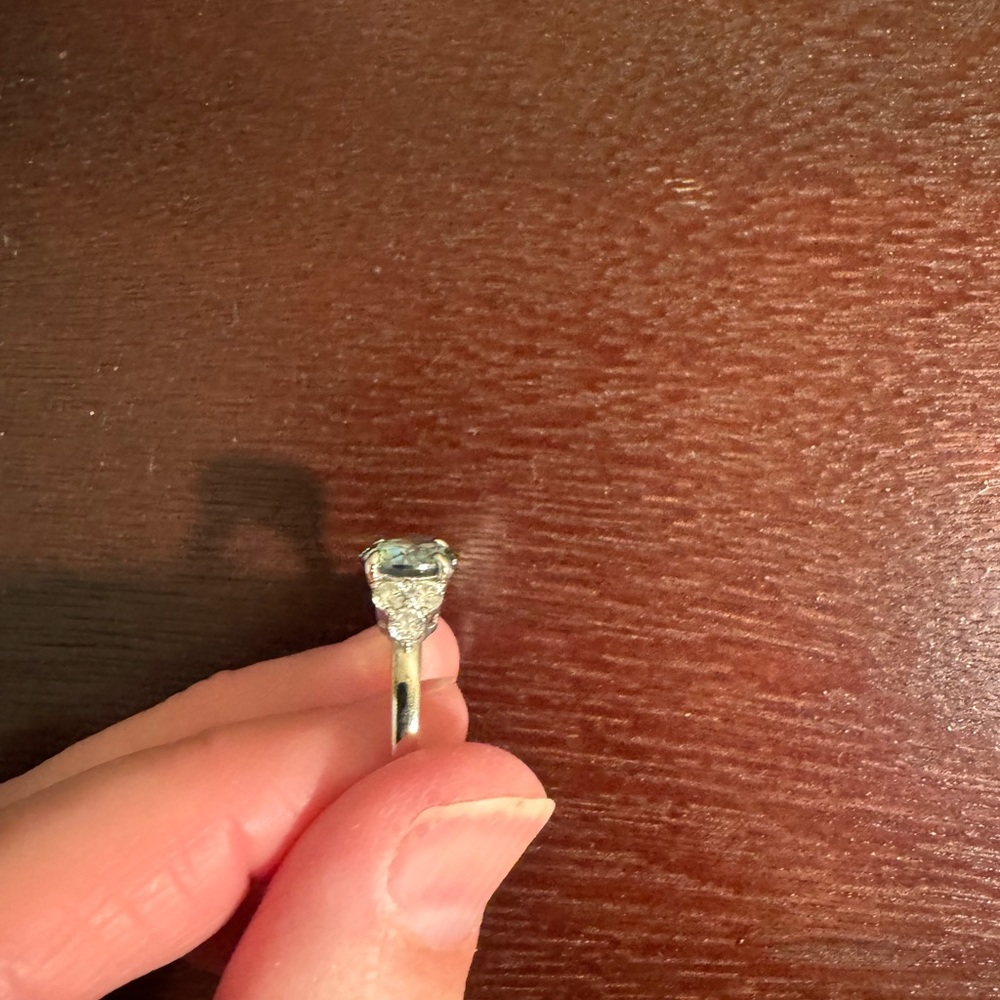 Silver Ring with Green-Blue Moissanite Stone and Side Diamonds - Picture 5 of 7